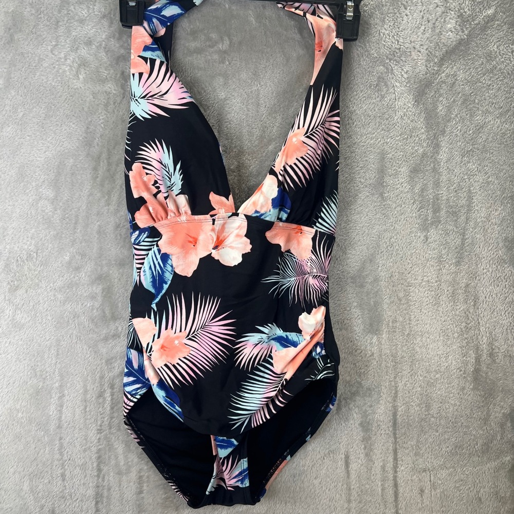 DKNY Womens S Tropical Floral Halter One‎ Piece Swimsuit Retro Glam Resortwear